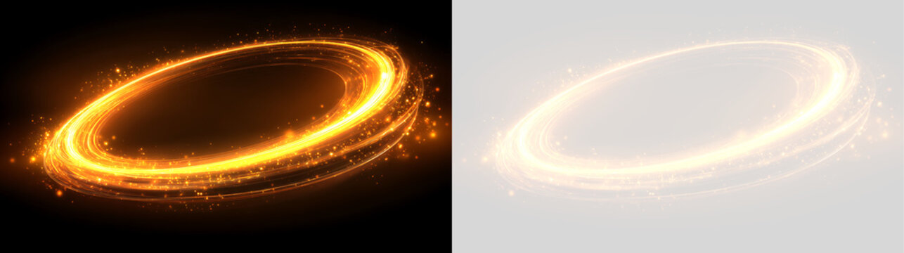 Elongated golden light ring with swirling trails and sparks. Tilted orange oval portal overlay on black and transparent background