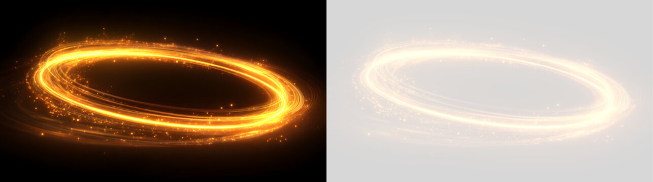 Flat golden light ring with horizontal swirling trails and sparks. Orange oval portal overlay on black and transparent background