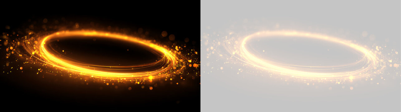Glowing golden light ring with sparkling particles. Abstract neon circle trail on black and transparent background. Magic portal design element