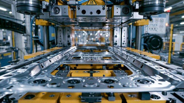 Medium frame capturing the stamping of an SUV outer door skin emphasizing the robust metal shaping and heavyduty press operation in the factory setting.