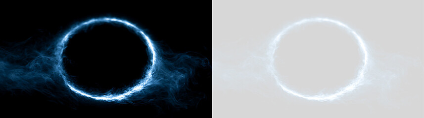 Glowing blue energy ring with symmetrical smoke. Circular plasma fire overlay on black and transparent background. Futuristic magic portal element © Василий Куриленко