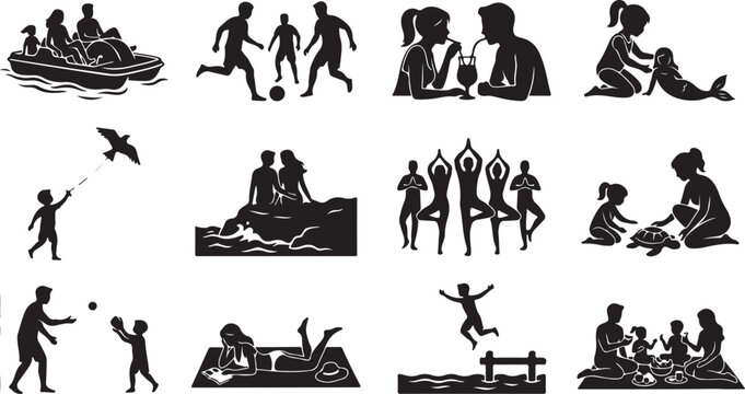 Black and white silhouette set featuring summer activities, including people playing soccer, swimming in a pedal boat, practicing yoga, having a picnic, and playing with toys on the beach