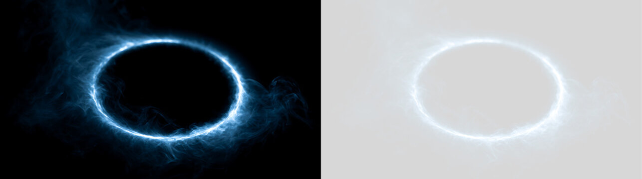 Glowing blue energy ring with smoke effect. Oval portal light isolated on black and transparent background. Sci-fi magic circle element