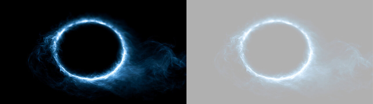 Circular glowing blue energy ring with smoke. Round portal light effect isolated on black and transparent background. Magic circle element