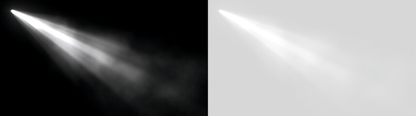 Naklejka premium Soft smoky spotlight beam shining from top left on black and transparent backgrounds. Volumetric foggy light ray effect for atmospheric design