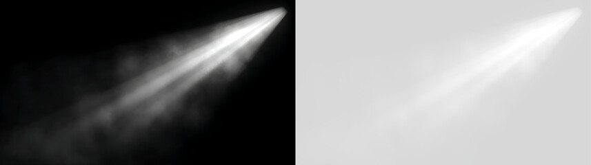 Obraz premium Volumetric white spotlight beam with soft smoke on black and transparent backgrounds. Diffused diagonal light ray effect for atmospheric overlay