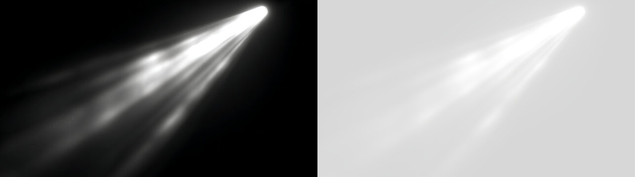 Spotlight beam shining diagonally on black and transparent backgrounds. Volumetric white light ray effect for stage or projector overlay