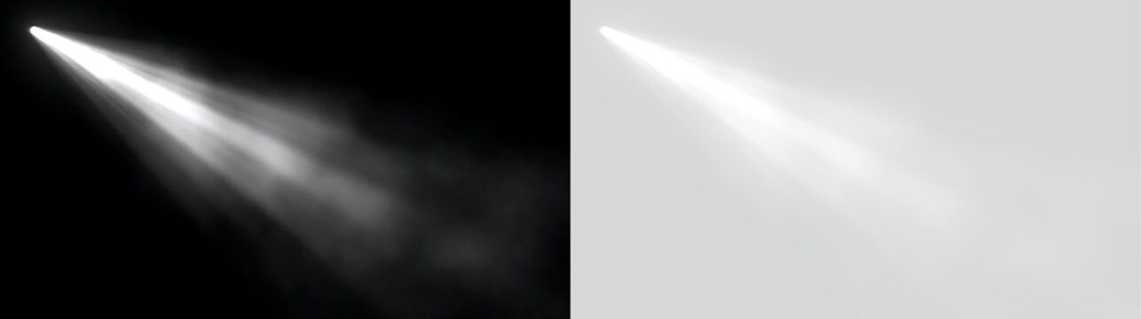 Soft smoky spotlight beam shining from top left on black and transparent backgrounds. Volumetric foggy light ray effect for atmospheric design