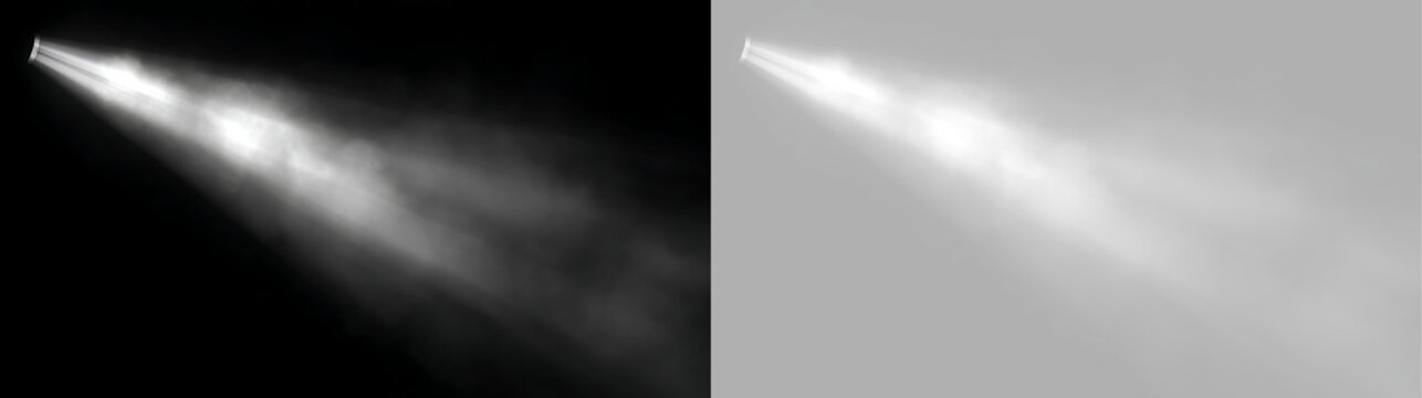 Volumetric white spotlight beam with smoke effect on black and transparent backgrounds. Dramatic projector light cone with visible lens source
