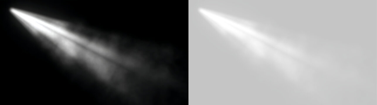 Soft volumetric spotlight beam with foggy texture on black and transparent backgrounds. Diagonal white light ray effect for stage and theater overlay