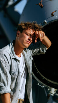 Astronomer Wiping Sweat from Brow Next to Massive Observatory Telescope Lens with Negative Space