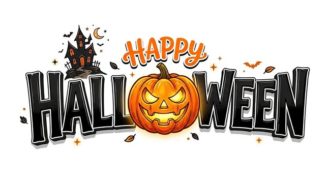 Happy halloween greeting card design with a carved pumpkin jack o lantern and a haunted house silhouette halloween jackolantern celebration greeting illustration traditional