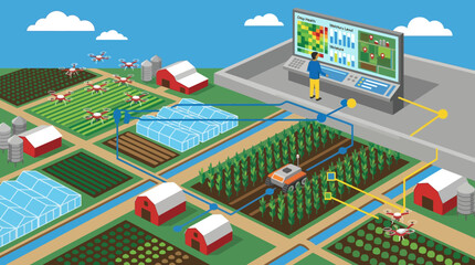 Modern farmer monitoring agriculture technology on a screen outdoors on a farm with barns and fields. © Fendi