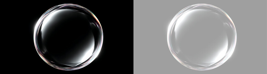 Realistic transparent soap bubble with bright highlights. Glossy glass sphere overlay on black and transparent background. Water bubble graphic © Василий Куриленко