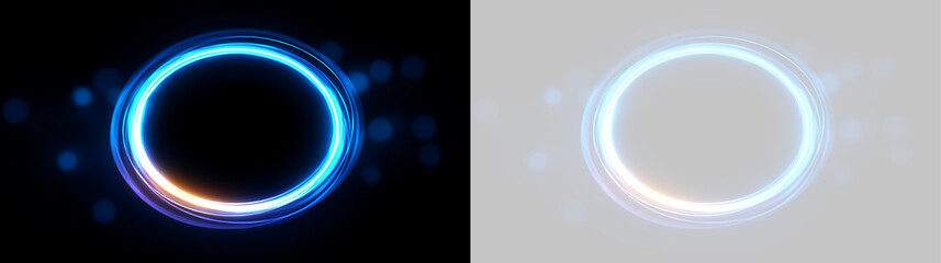 Glowing blue neon circle frame on black and transparent background. Futuristic sci-fi portal with soft bokeh. Abstract magic ring light border © Василий Куриленко