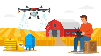 Man operates drone near red barn with fields and farming equipment nearby © Fendi