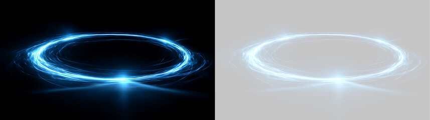Swirling blue light ring with bright lens flares. Horizontal glowing circle portal with sparks on black and transparent background © Василий Куриленко
