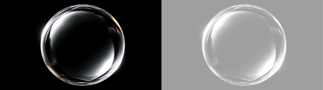 Realistic transparent soap bubble with bright highlights. Glossy glass sphere overlay on black and transparent background. Water bubble graphic