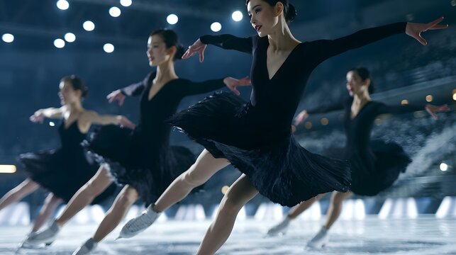 Figure skaters perform synchronized movements on ice under bright overhead lights during a winter sports event