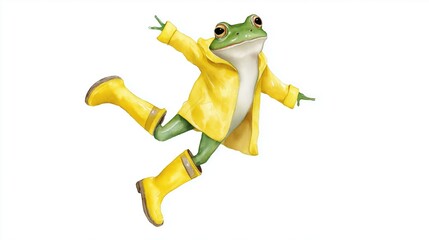 Fototapeta premium Frog wearing yellow raincoat and boots jumping on white background