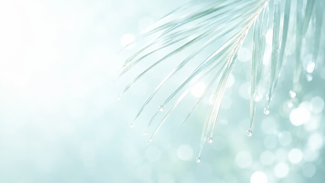 Pine needles with glistening dewdrops captured in macro photography against a soft bokeh background