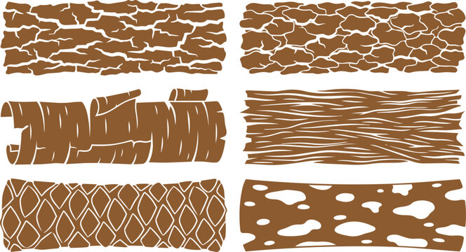 Collection of various tree bark vector graphic patterns showing natural wood textures in brown flat colors