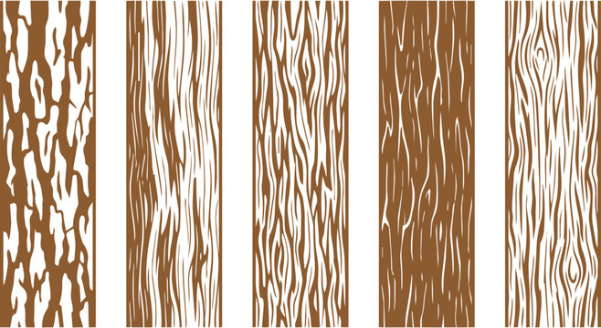 Five unique vector wood grain textures featuring brown and white lines for creative design project backgrounds