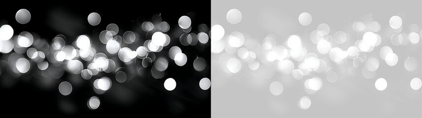 Fototapeta premium Soft white bokeh light trail on black and transparent background. Horizontal glowing circles overlay. Abstract festive sparkle design element