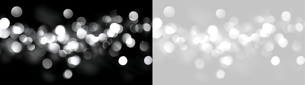 Soft white bokeh light trail on black and transparent background. Horizontal glowing circles overlay. Abstract festive sparkle design element