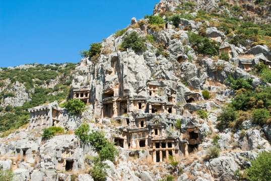 Rock-cut tombs in an ancient Lycian necropolis at Myra in Demre, Turkey dating back to early civilization