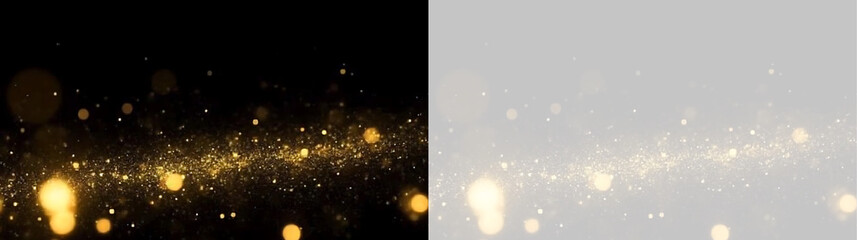 Fototapeta premium Rising gold glitter and soft bokeh light particles. Shimmering dust wave on black and transparent background. Elegant festive overlay
