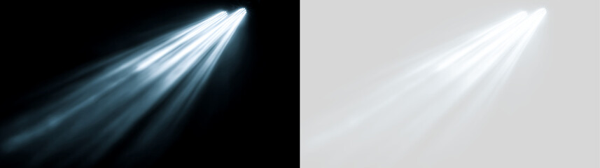 Fototapeta na wymiar Multiple parallel cool white spotlight beams on black and transparent background. Volumetric light rays and stadium projector effect. Powerful concert stage lighting overlay