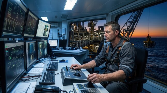 Offshore oil rig operator monitors complex controls in a modern control room at sunset, overlooking the sea and industrial platform.