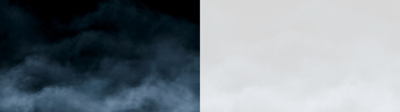 Soft rolling fog overlay on black and transparent background. Smooth atmospheric mist effect for photo editing. Realistic vapor cloud texture
