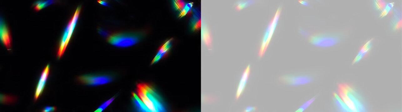 Colorful prism light streaks isolated on black and transparent background. Rainbow crystal refraction overlay. Chromatic aberration lens flare