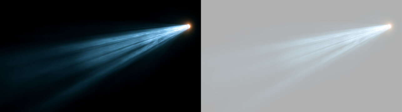Volumetric blue spotlight beam with smoke effect. Textured light ray isolated on black and transparent background. Stage projector illumination