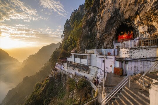 Vaishno Devi Temple Sunrise Wide Establishing Shot