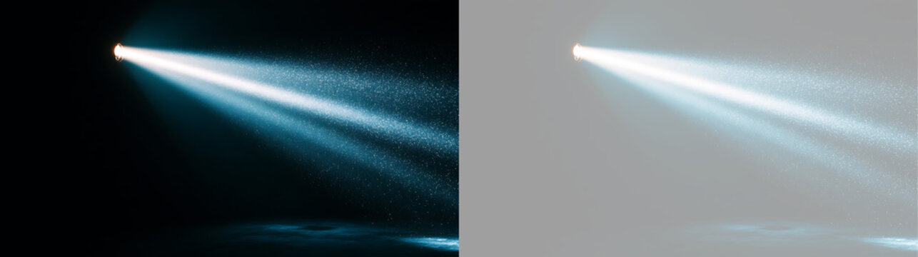 Blue spotlight beam with dust particles. Volumetric light ray isolated on black and transparent background. Stage illumination effect