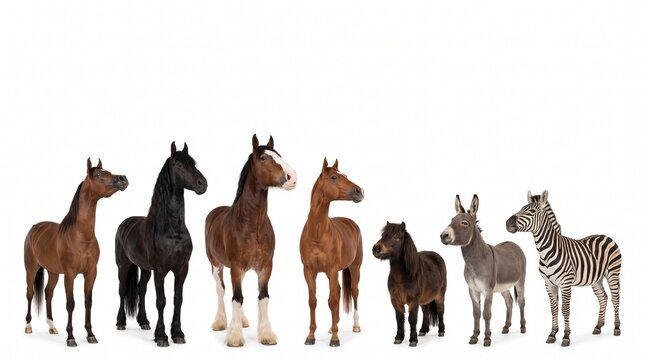 Equine collection of horses, pony, donkey and zebra. Diverse group of equidae species and breeds on white background. Domesticated and wild hoofed animals.