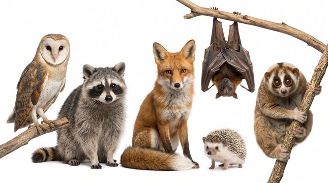 Diverse group of wild animals including a fox, owl, raccoon, bat, hedgehog, and slow loris on a white background.