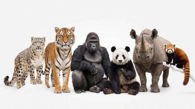 Diverse group of endangered wild animals standing together in a studio setting