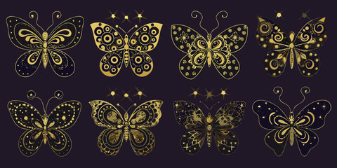 Golden butterfly illustrations with ornate patterns on a dark background © Tapan