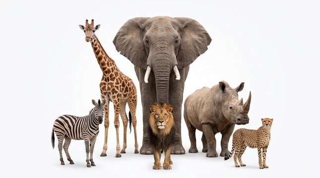 Majestic African safari animals gathered together in a studio setting