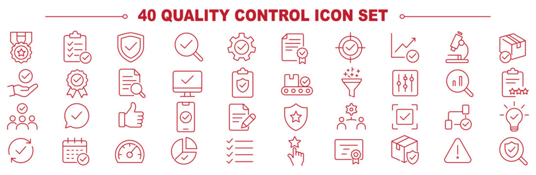 Quality control icon set. Collection of quality assurance, standard compliance, product inspection, defect testing and performance evaluation line icon vector illustration with editable stroke.