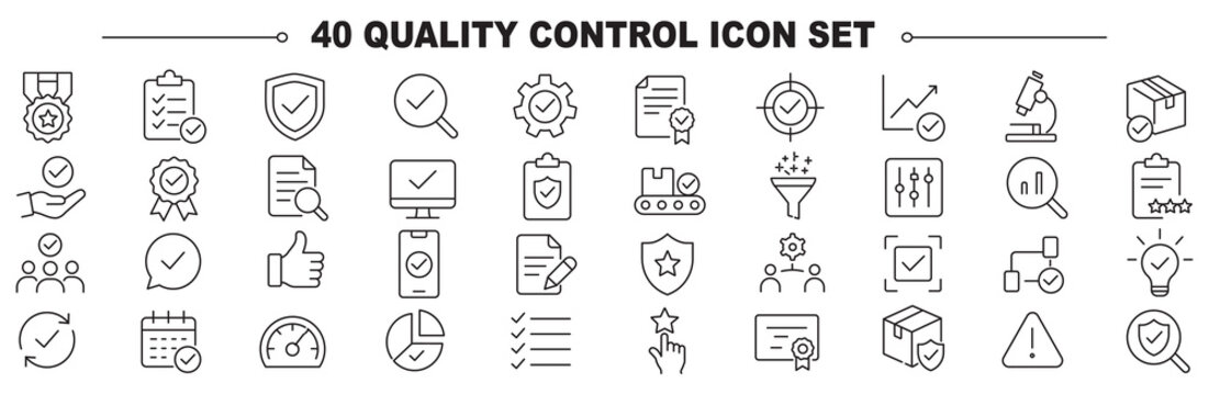 Quality control icon set. Collection of quality assurance, standard compliance, product inspection, defect testing and performance evaluation line icon vector illustration with editable stroke.