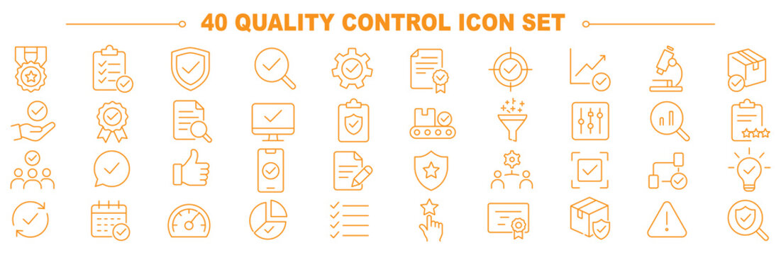 Quality control icon set. Collection of quality assurance, standard compliance, product inspection, defect testing and performance evaluation line icon vector illustration with editable stroke.