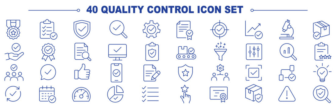 Quality control icon set. Collection of quality assurance, standard compliance, product inspection, defect testing and performance evaluation line icon vector illustration with editable stroke.