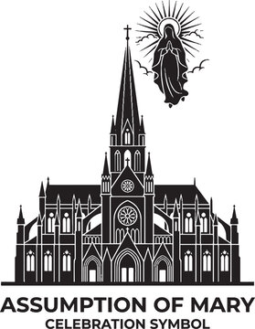 Black and white silhouette icon of the assumption of mary with a cathedral church building and religious figure isolated on transparent background, Vector