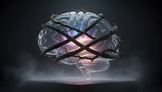 Translucent glowing glass brain entangled by dark matte cables and vines, representing the complexity of AI ethics, data tangling, and machine learning bias.