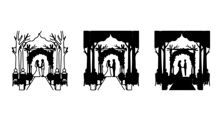 Obraz premium Elegant Wedding Silhouette Vector Art, Romantic Couple Archway Design, Black and White Ceremony Scene